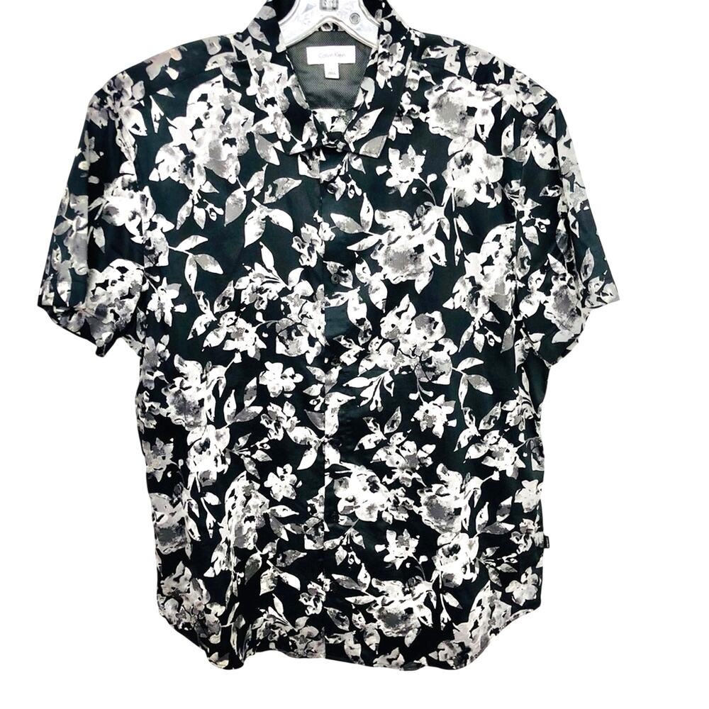Men’s Calvin Klein black gray graphic floral print button front shirt - Picture 3 of 16